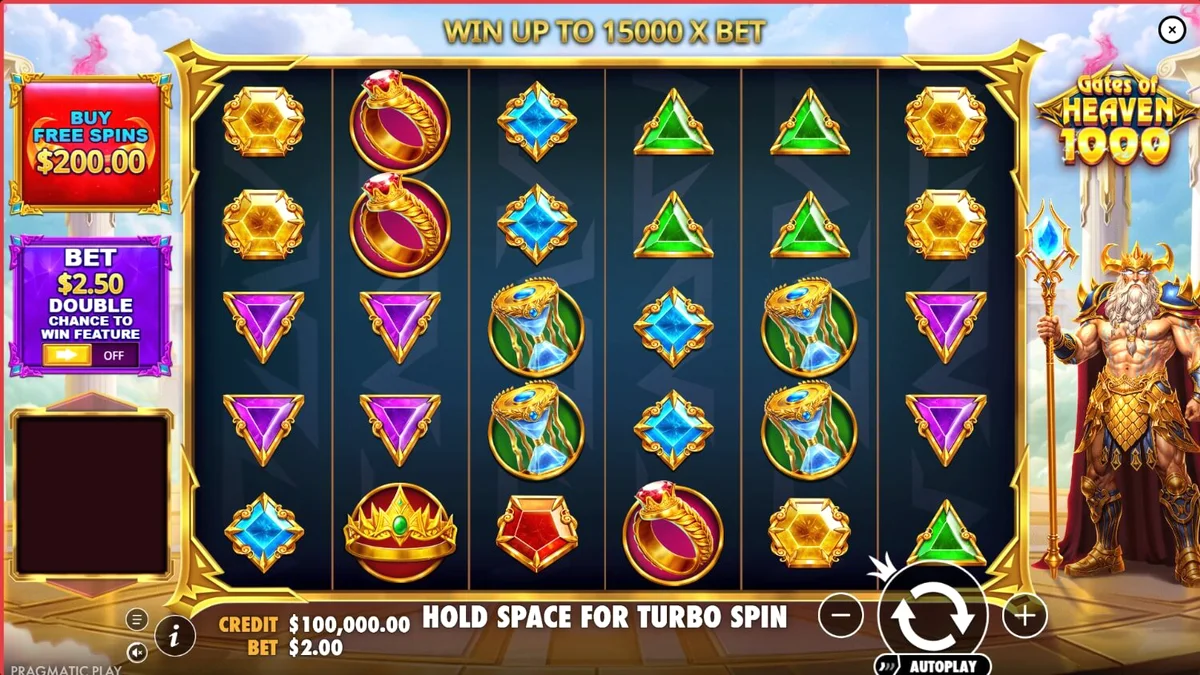 Tampilan visual slot Gates of Heaven 1000 dengan tema mitologi Yunani dan awan surgawi.