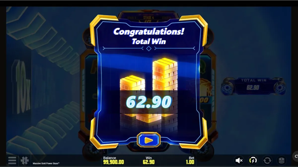 Tampilan visual futuristik dari slot Massive Gold Power Staxx dengan latar belakang galaksi neon.